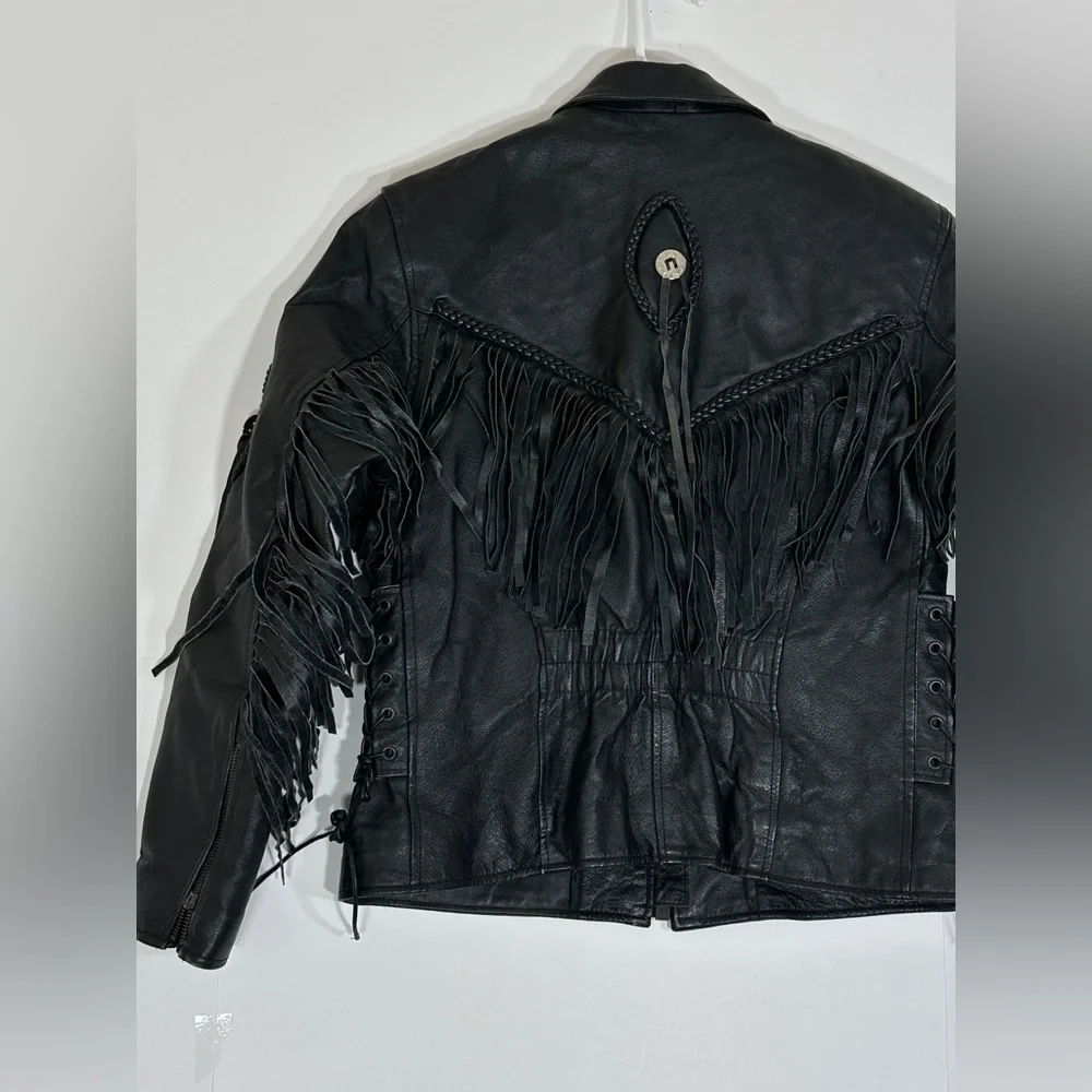 Fringed Black Leather Motorcycle Jacket Vintage Biker Women Medium 1990s Western - Picture 3 of 15